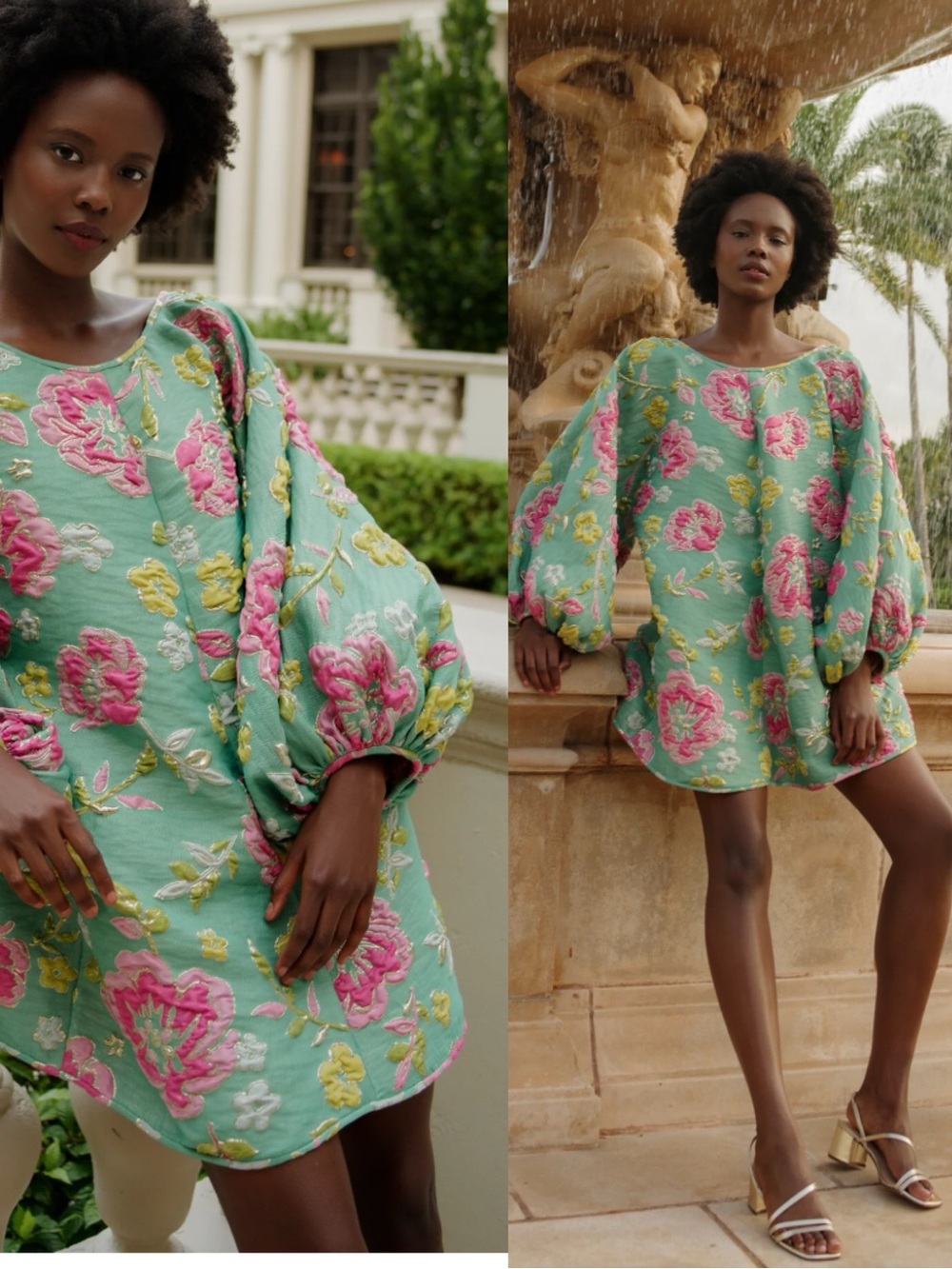 Arianne Elmy green Mini Dress with Pink & Yellow Floral Embroidery